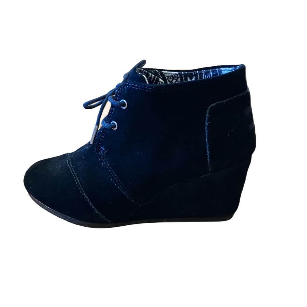 TOMS Suede Desert Wedge Bootie, Black, Sz. 8, Lace Up, Fabric Lining, Like New